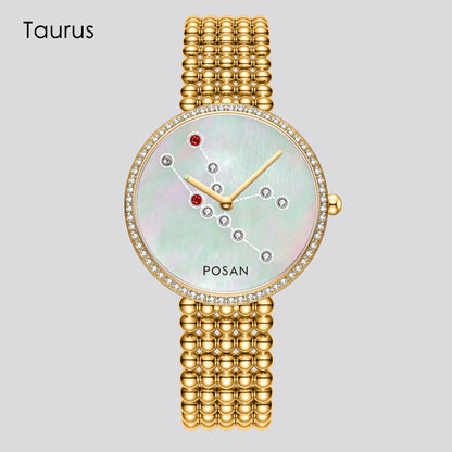 POSAN Watch PSW-001C GOLD Classic Zodiac Quartz Watch with Pearl Shell Dial, Gem-Set Constellations & Stainless Steel Bead Bracelet