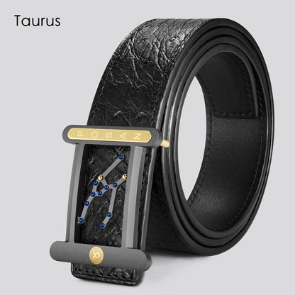 POSAN Belt PSB-001 Ostrich Leather Zodiac Plate Buckle Belt with Titanium & Black-Gold Electroplated Finish