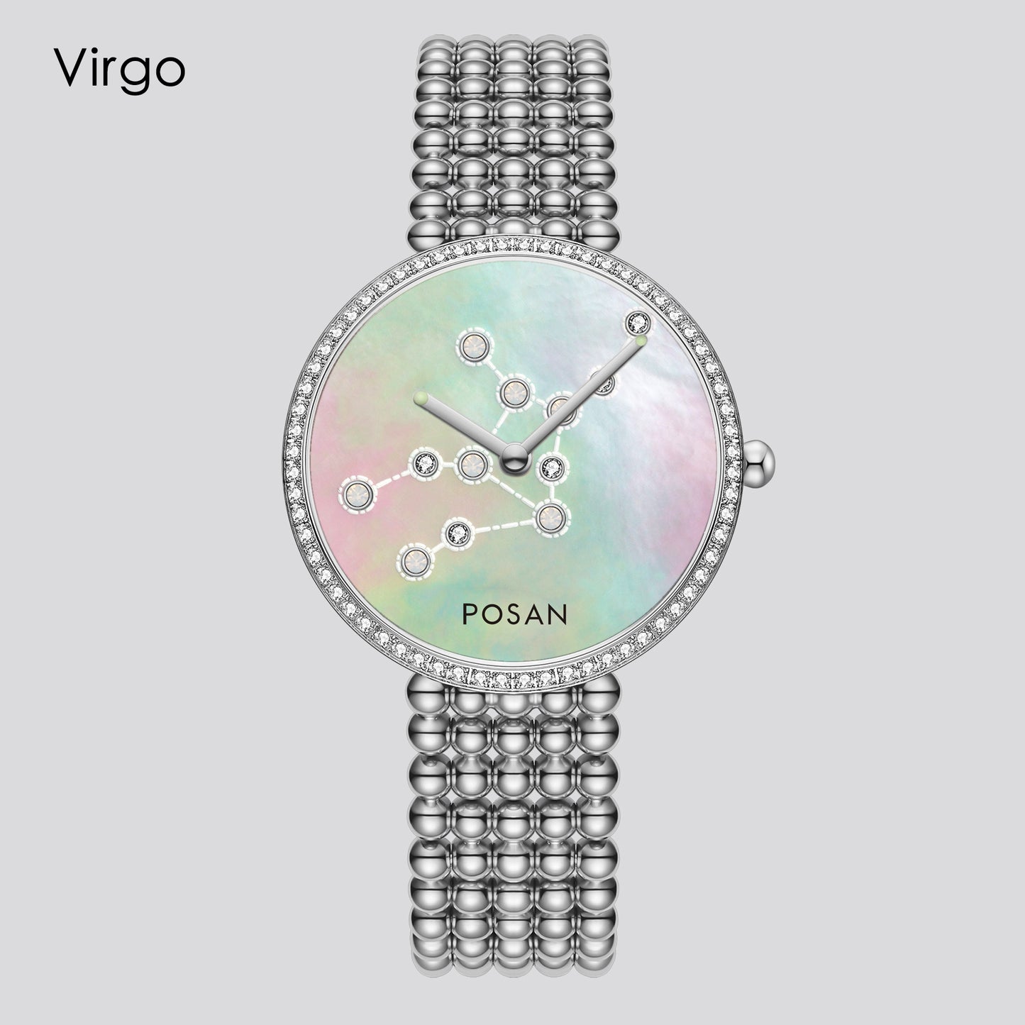 POSAN Watch PSW-001C Classic Zodiac Quartz Watch with Pearl Shell Dial, Gem-Set Constellations & Stainless Steel Bead Bracelet