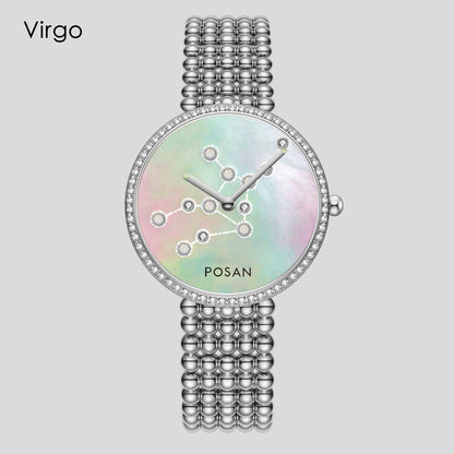 POSAN Watch PSW-001C Classic Zodiac Quartz Watch with Pearl Shell Dial, Gem-Set Constellations & Stainless Steel Bead Bracelet