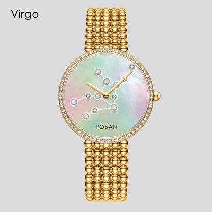POSAN Watch PSW-001C GOLD Classic Zodiac Quartz Watch with Pearl Shell Dial, Gem-Set Constellations & Stainless Steel Bead Bracelet
