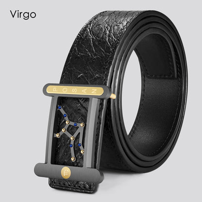 POSAN Belt PSB-001 Ostrich Leather Zodiac Plate Buckle Belt with Titanium & Black-Gold Electroplated Finish