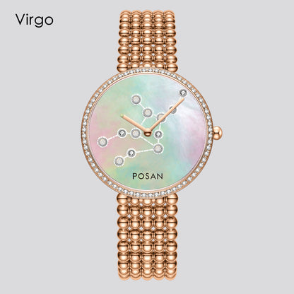 POSAN Watch PSW-001C Classic Zodiac Quartz Watch with Pearl Shell Dial, Gem-Set Constellations & Stainless Steel Bead Bracelet