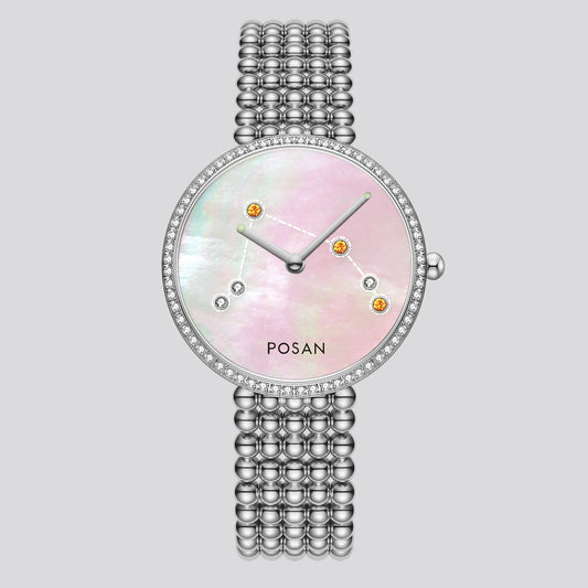 POSAN Watch PSW-001C Classic Zodiac Quartz Watch with Pearl Shell Dial, Gem-Set Constellations & Stainless Steel Bead Bracelet