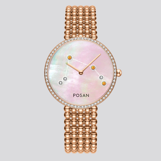 POSAN Watch PSW-001C Classic Zodiac Quartz Watch with Pearl Shell Dial, Gem-Set Constellations & Stainless Steel Bead Bracelet