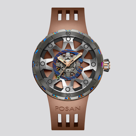 POSAN Watch PSW-001 COFFE Gradient Damascus Titanium Watch Timascus Anodized Color Finish with Skeleton Dial & Screw-down Crown
