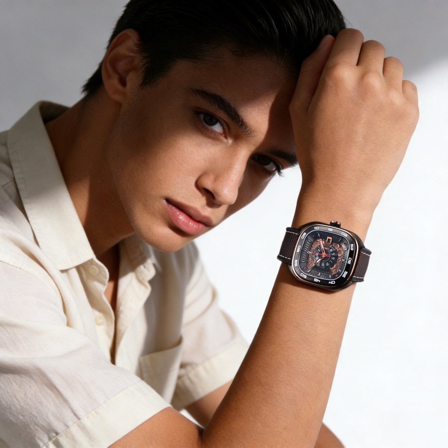 POSAN Automatic Watch PSW-008G Brown Square-Shaped Titanium Watch with Spherical Sapphire Crystal & Open-Heart SW200 Movement