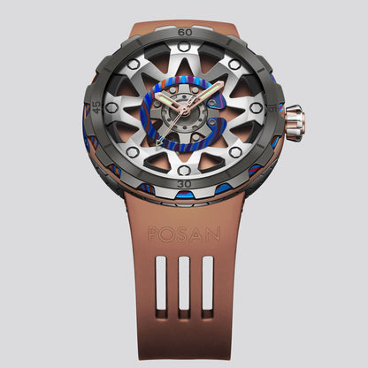 POSAN Watch PSW-001 COFFE Gradient Damascus Titanium Watch Timascus Anodized Color Finish with Skeleton Dial & Screw-down Crown