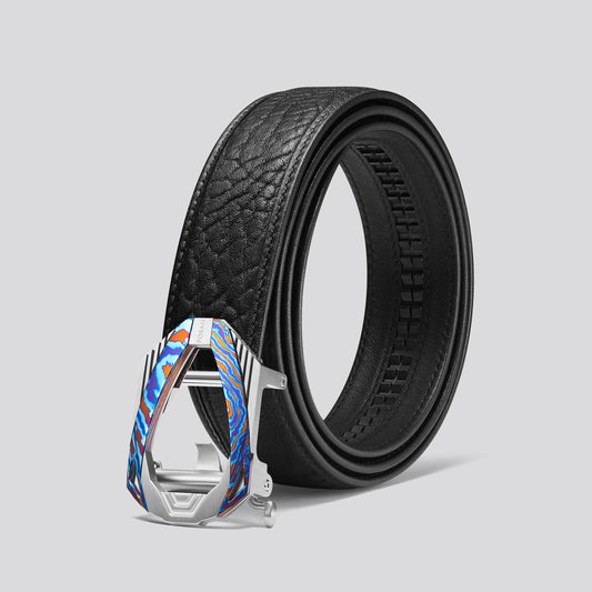 POSAN Belt PSB-003 Wild Cowhide Damascus Titanium Ratchet Buckle Belt with Rainbow Anodized Finish
