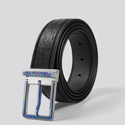 POSAN Belt PSB-002 Titanium Pin Buckle Belt with Ostrich Leather – Luxe Grain & Industrial Strength