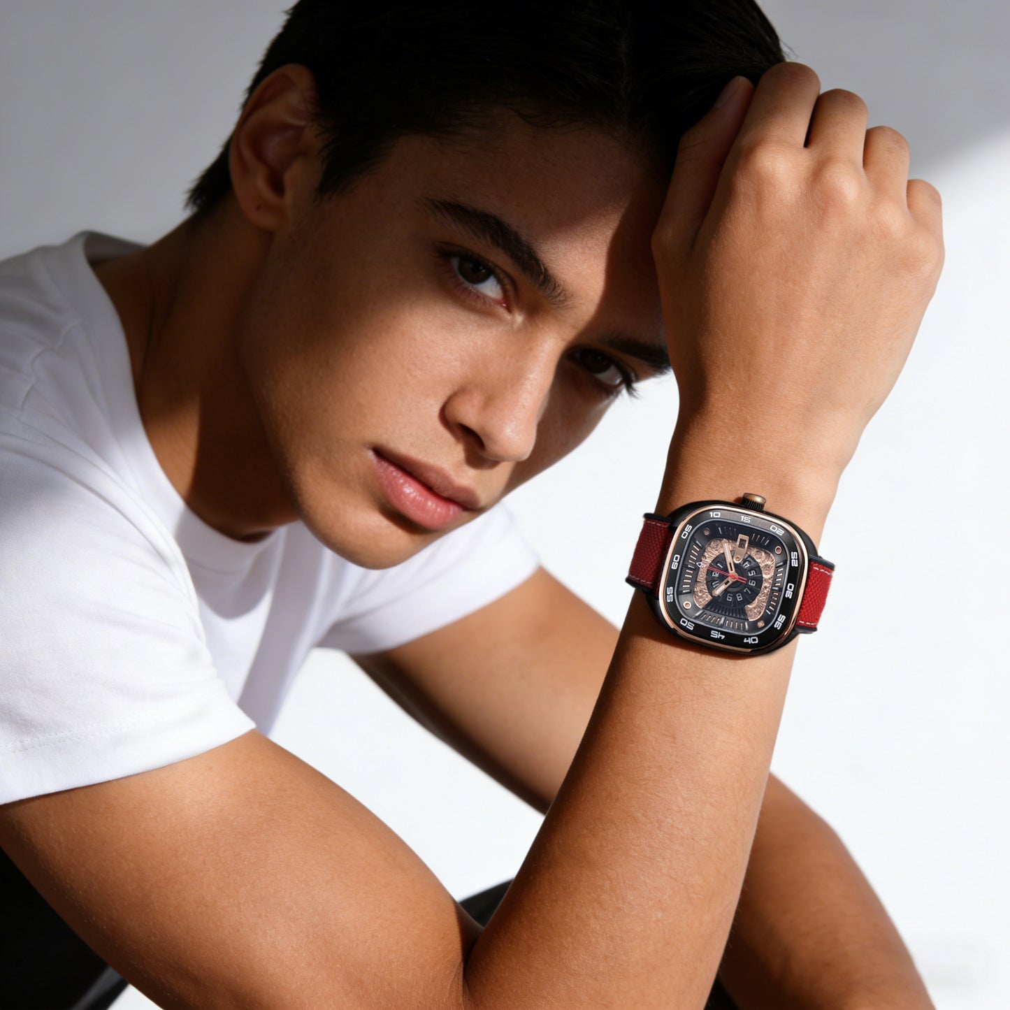 POSAN Automatic Watch PSW-008G Red Square-Shaped Titanium Watch with Spherical Sapphire Crystal & Open-Heart SW200 Movement