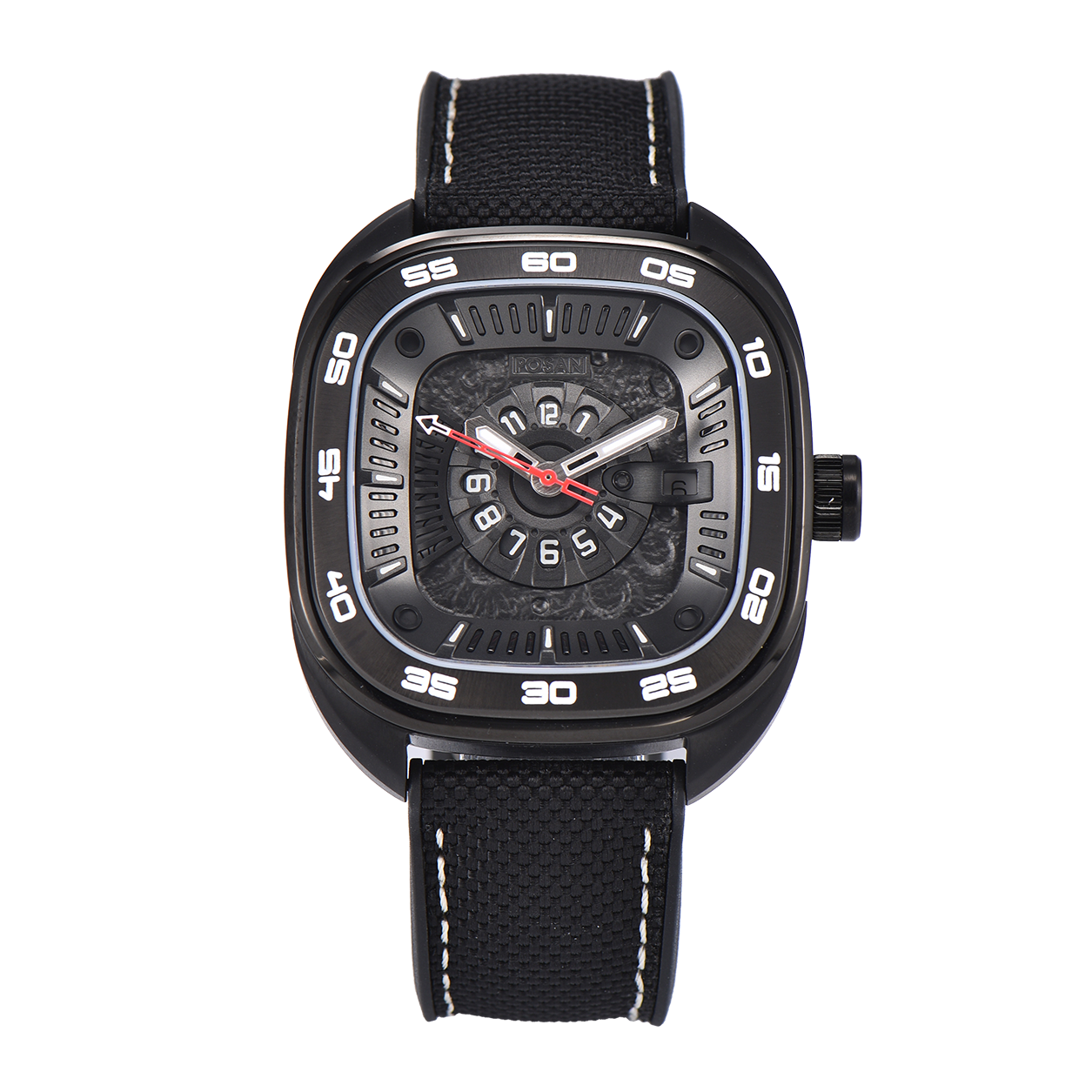 POSAN Automatic Watch PSW-008G Black Square-Shaped Titanium Watch with Spherical Sapphire Crystal & Open-Heart SW200 Movement