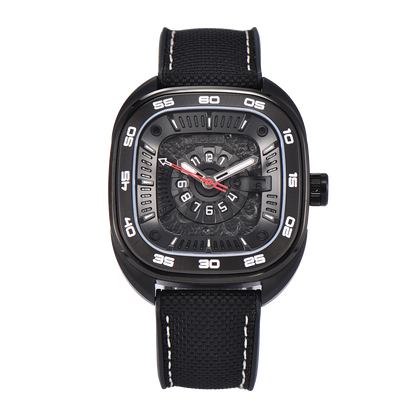 POSAN Automatic Watch PSW-008G Black Square-Shaped Titanium Watch with Spherical Sapphire Crystal & Open-Heart SW200 Movement