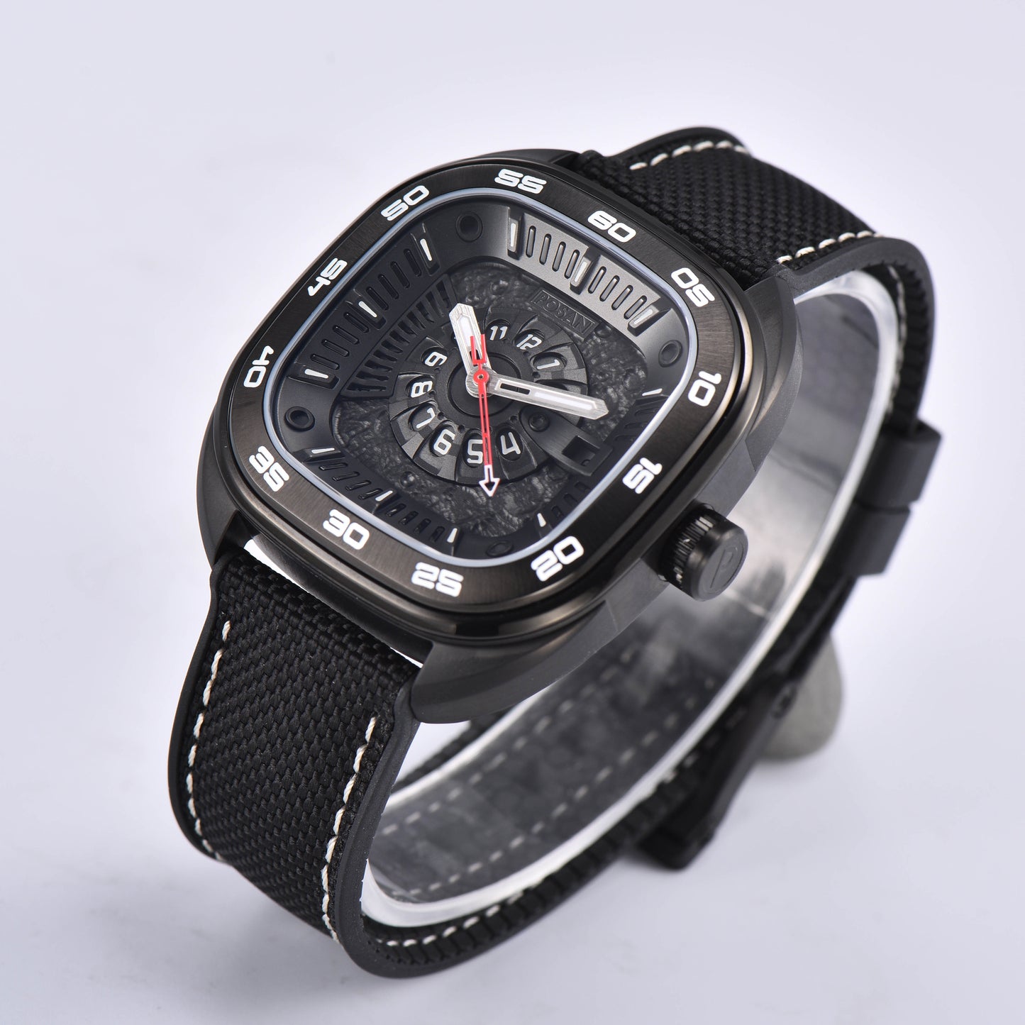 POSAN Automatic Watch PSW-008G Black Square-Shaped Titanium Watch with Spherical Sapphire Crystal & Open-Heart SW200 Movement