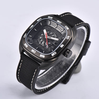 POSAN Automatic Watch PSW-008G Black Square-Shaped Titanium Watch with Spherical Sapphire Crystal & Open-Heart SW200 Movement