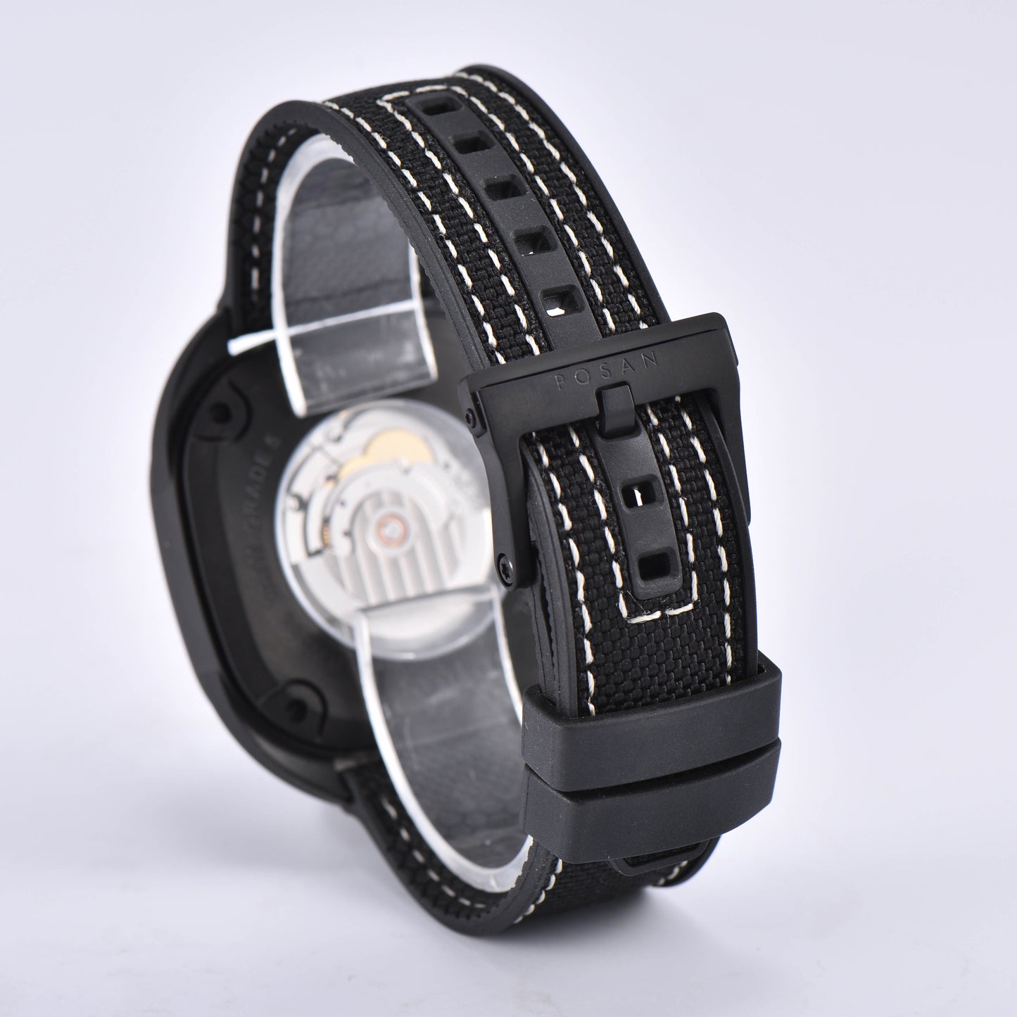 POSAN Automatic Watch PSW-008G Black Square-Shaped Titanium Watch with Spherical Sapphire Crystal & Open-Heart SW200 Movement