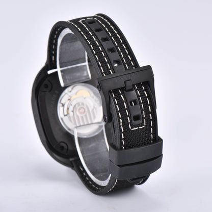 POSAN Automatic Watch PSW-008G Black Square-Shaped Titanium Watch with Spherical Sapphire Crystal & Open-Heart SW200 Movement