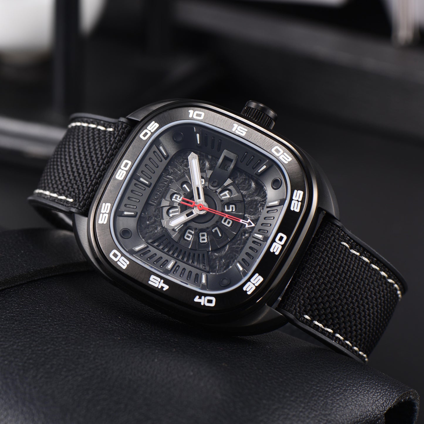 POSAN Automatic Watch PSW-008G Black Square-Shaped Titanium Watch with Spherical Sapphire Crystal & Open-Heart SW200 Movement
