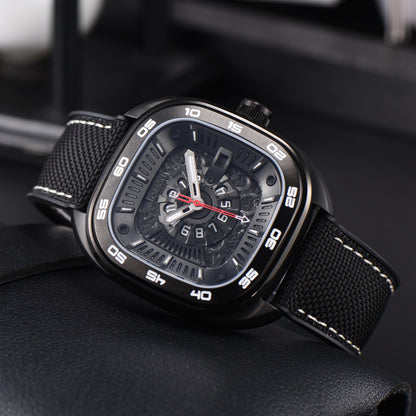 POSAN Automatic Watch PSW-008G Black Square-Shaped Titanium Watch with Spherical Sapphire Crystal & Open-Heart SW200 Movement