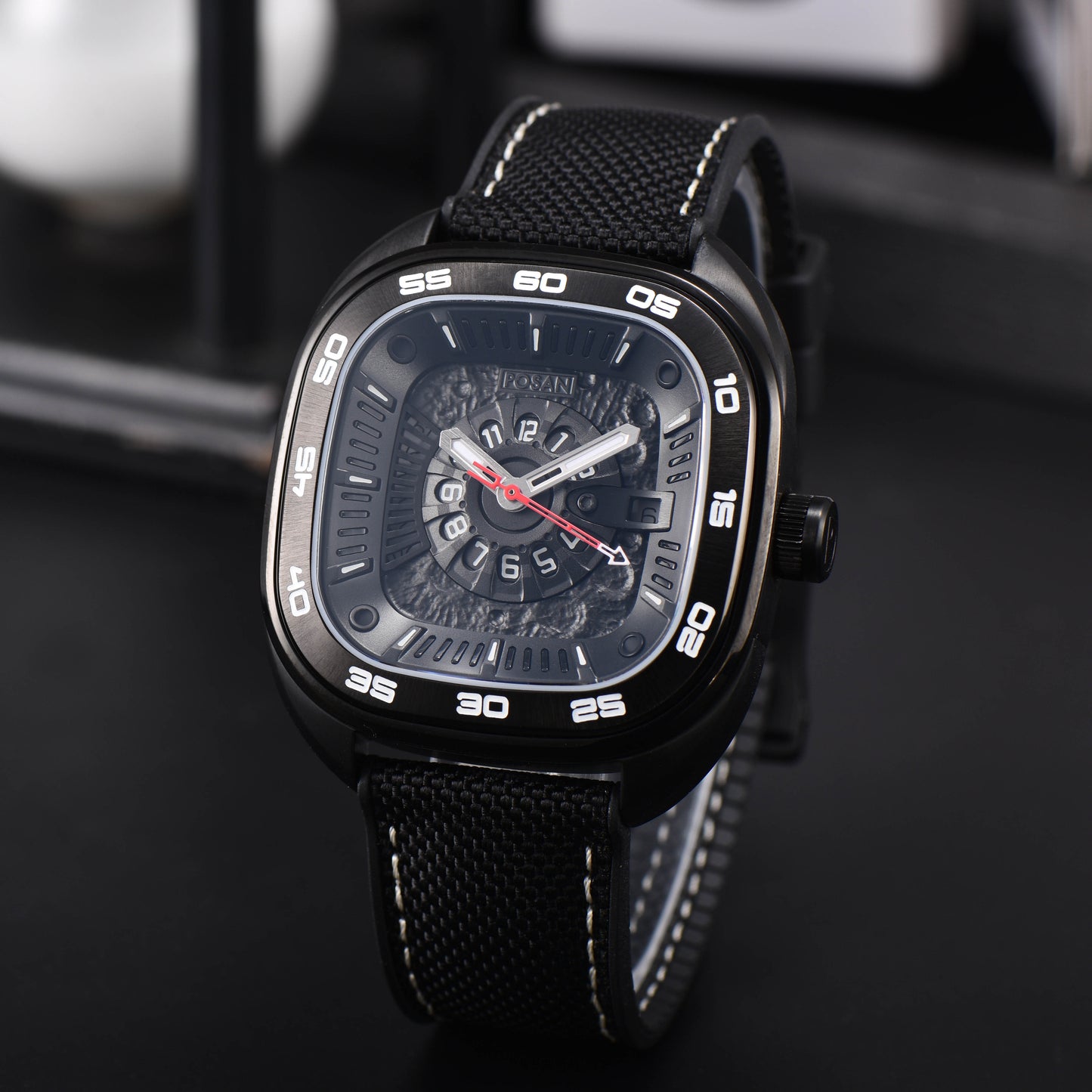 POSAN Automatic Watch PSW-008G Black Square-Shaped Titanium Watch with Spherical Sapphire Crystal & Open-Heart SW200 Movement