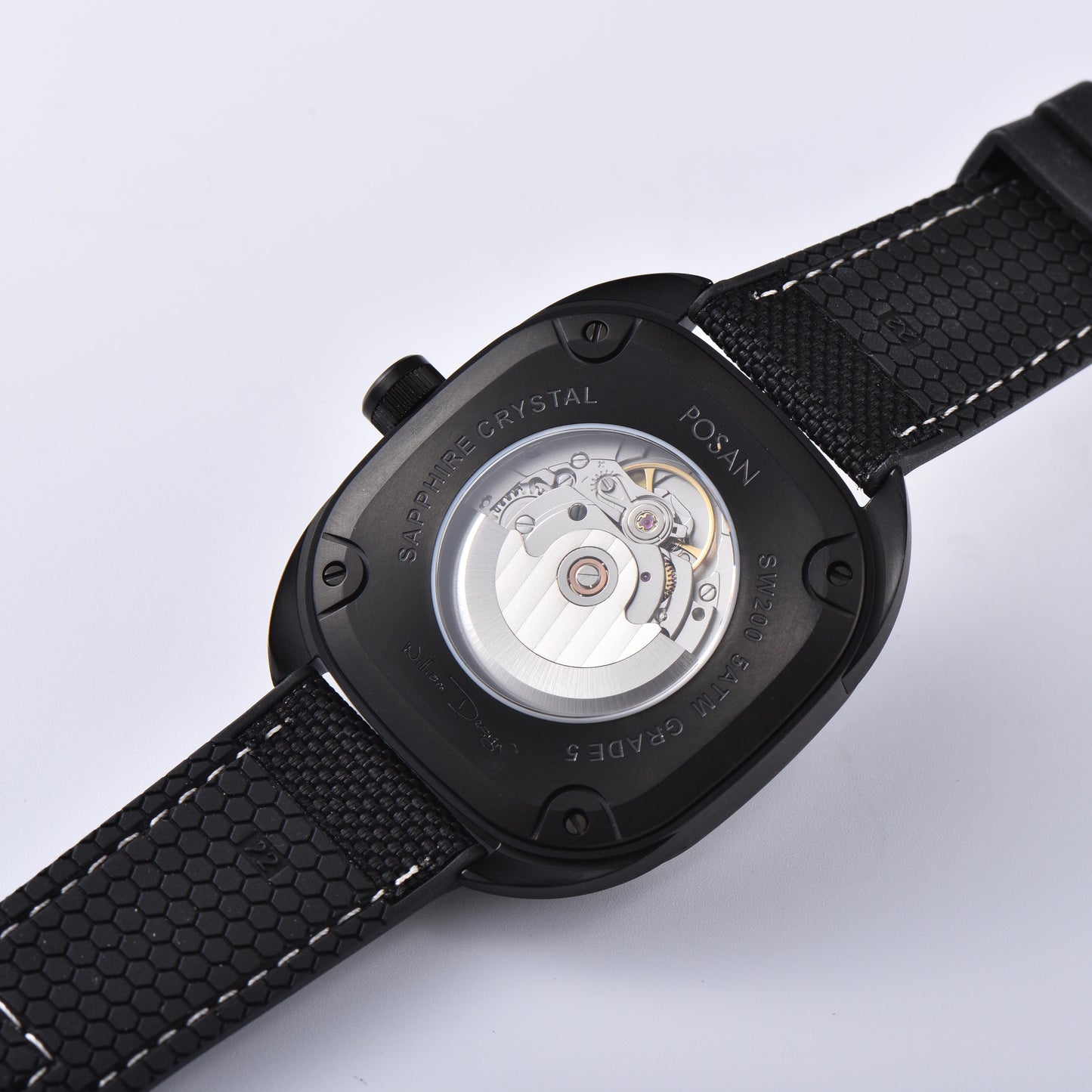 POSAN Automatic Watch PSW-008G Black Square-Shaped Titanium Watch with Spherical Sapphire Crystal & Open-Heart SW200 Movement
