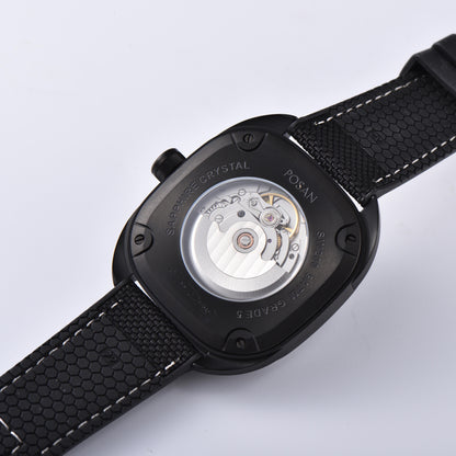 POSAN Automatic Watch PSW-008G Black Square-Shaped Titanium Watch with Spherical Sapphire Crystal & Open-Heart SW200 Movement