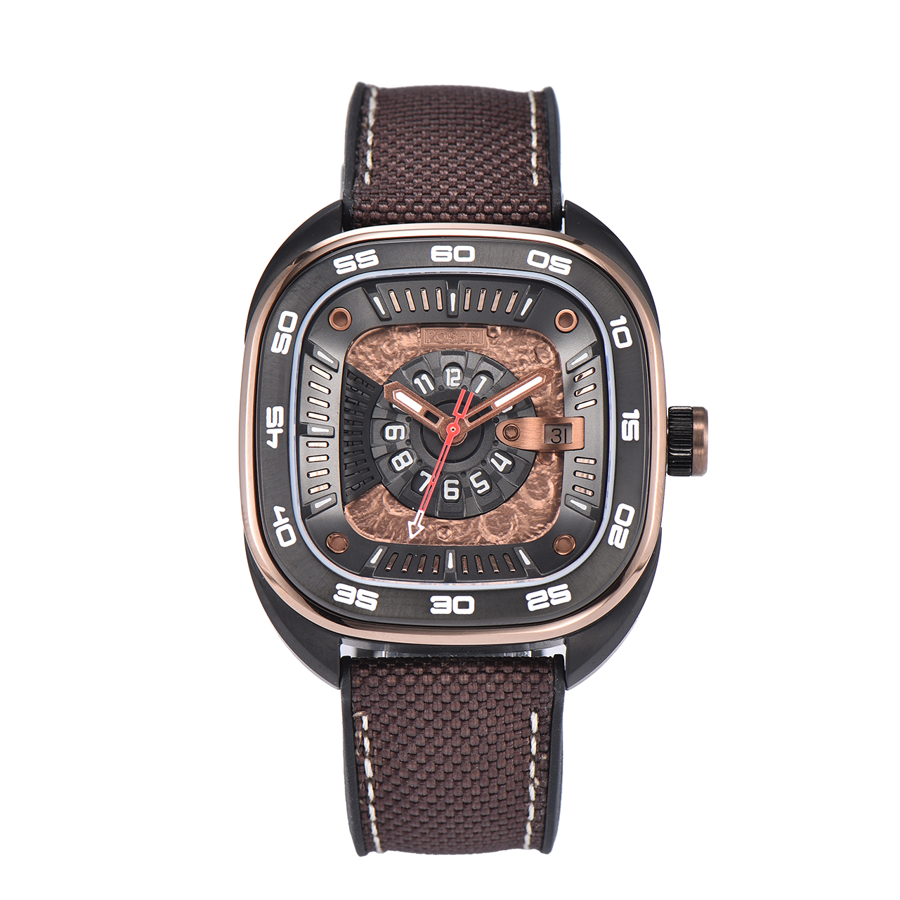 POSAN Automatic Watch PSW-008G Brown Square-Shaped Titanium Watch with Spherical Sapphire Crystal & Open-Heart SW200 Movement