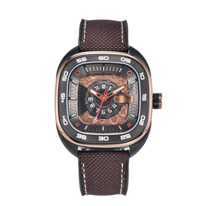 POSAN Automatic Watch PSW-008G Brown Square-Shaped Titanium Watch with Spherical Sapphire Crystal & Open-Heart SW200 Movement