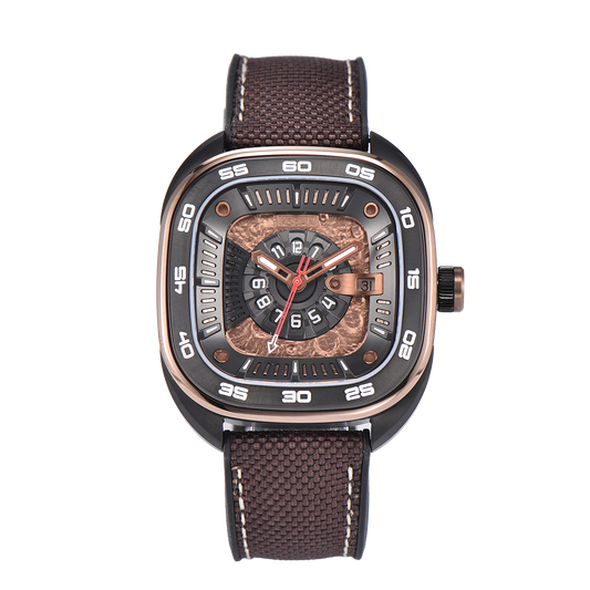 POSAN Automatic Watch PSW-008G Brown Square-Shaped Titanium Watch with Spherical Sapphire Crystal & Open-Heart SW200 Movement