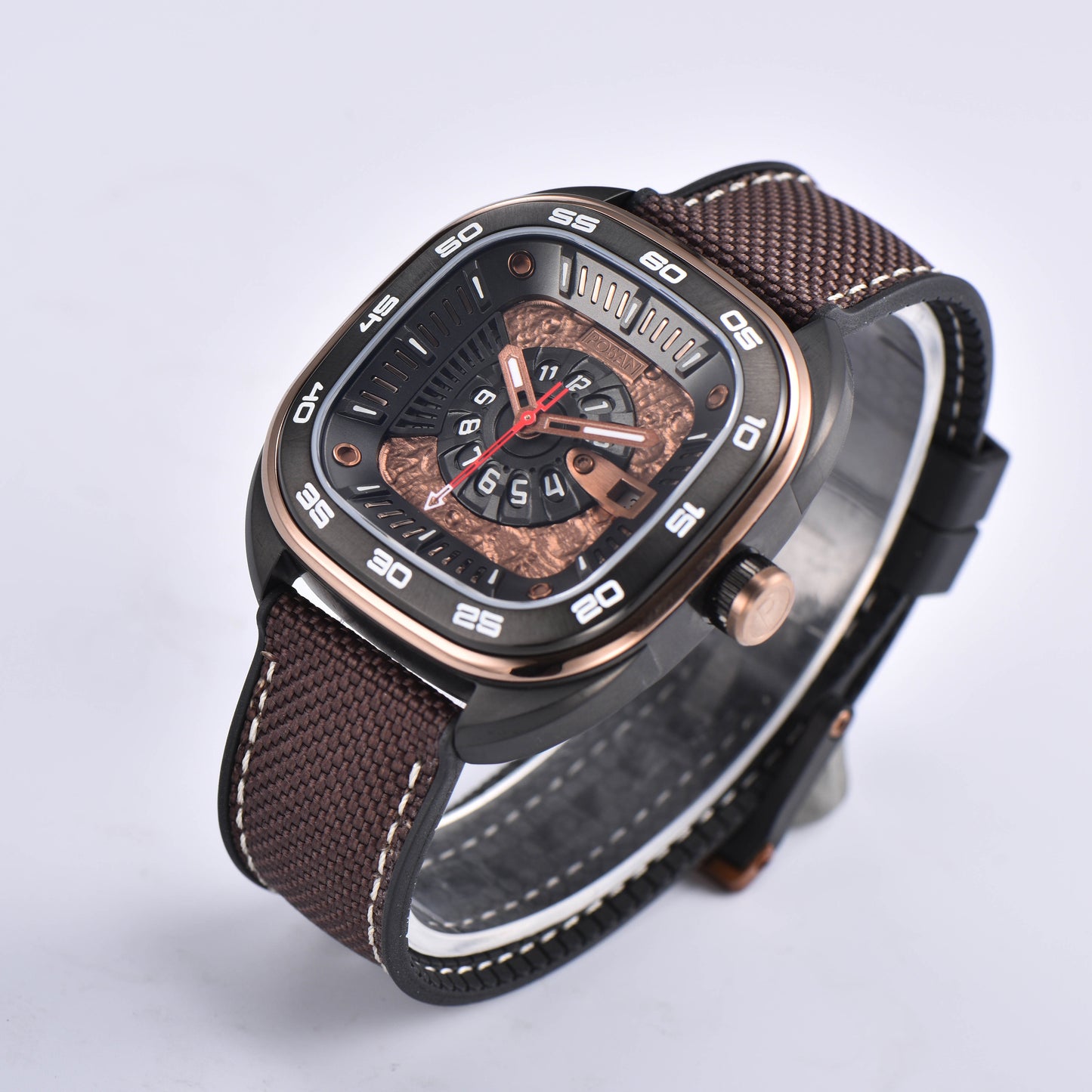POSAN Automatic Watch PSW-008G Brown Square-Shaped Titanium Watch with Spherical Sapphire Crystal & Open-Heart SW200 Movement