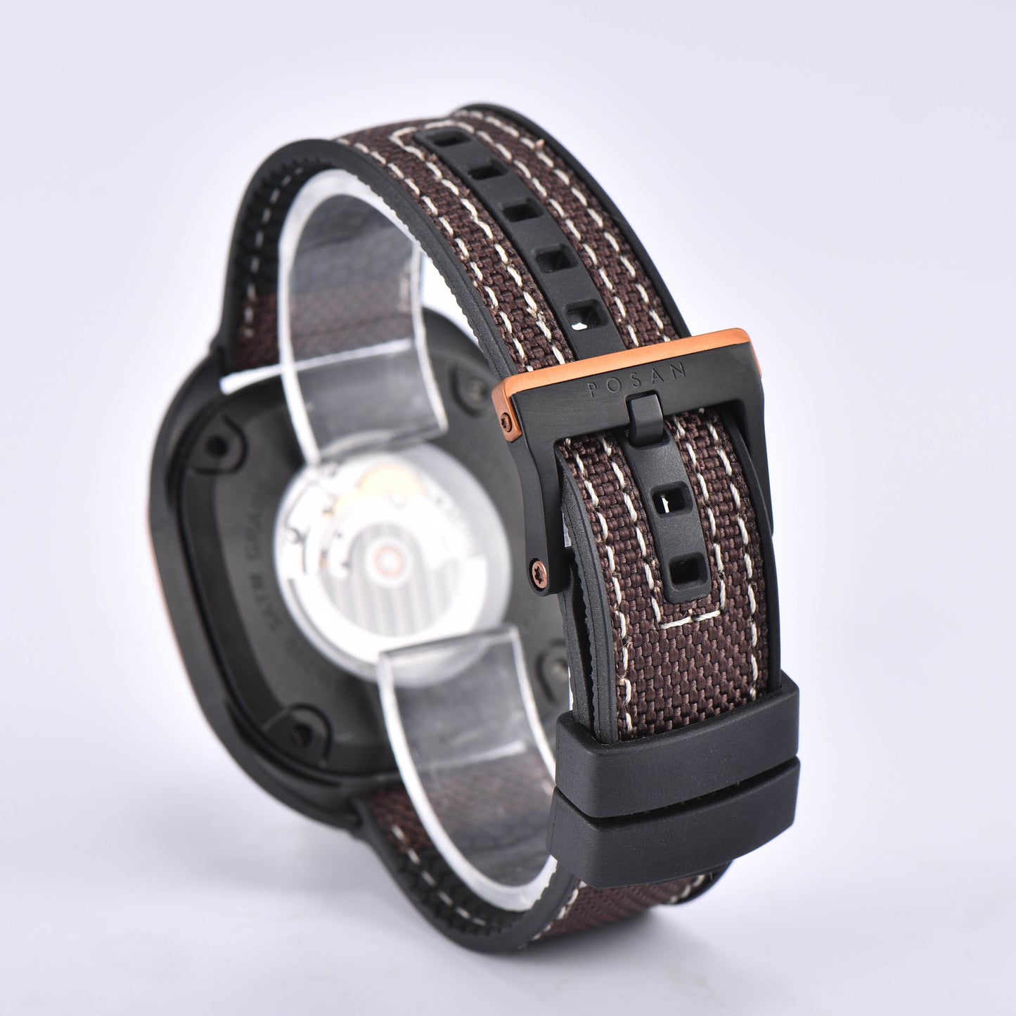 POSAN Automatic Watch PSW-008G Brown Square-Shaped Titanium Watch with Spherical Sapphire Crystal & Open-Heart SW200 Movement