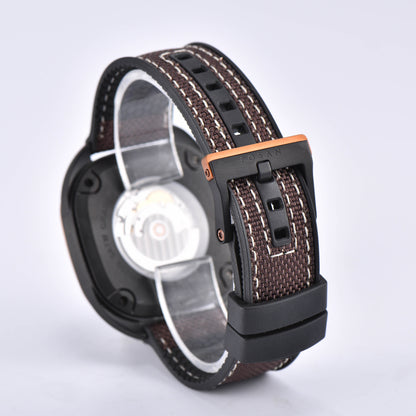POSAN Automatic Watch PSW-008G Brown Square-Shaped Titanium Watch with Spherical Sapphire Crystal & Open-Heart SW200 Movement