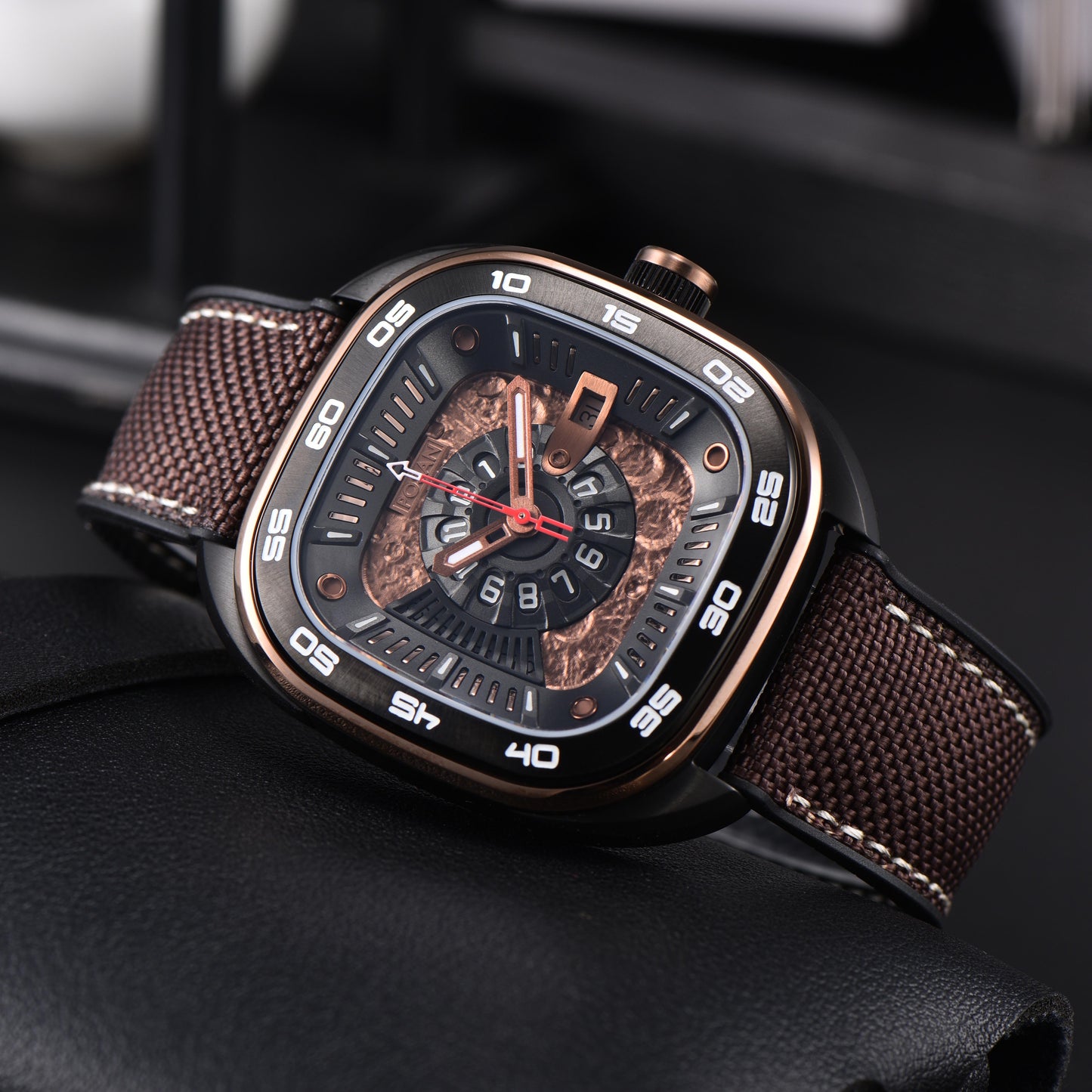 POSAN Automatic Watch PSW-008G Brown Square-Shaped Titanium Watch with Spherical Sapphire Crystal & Open-Heart SW200 Movement