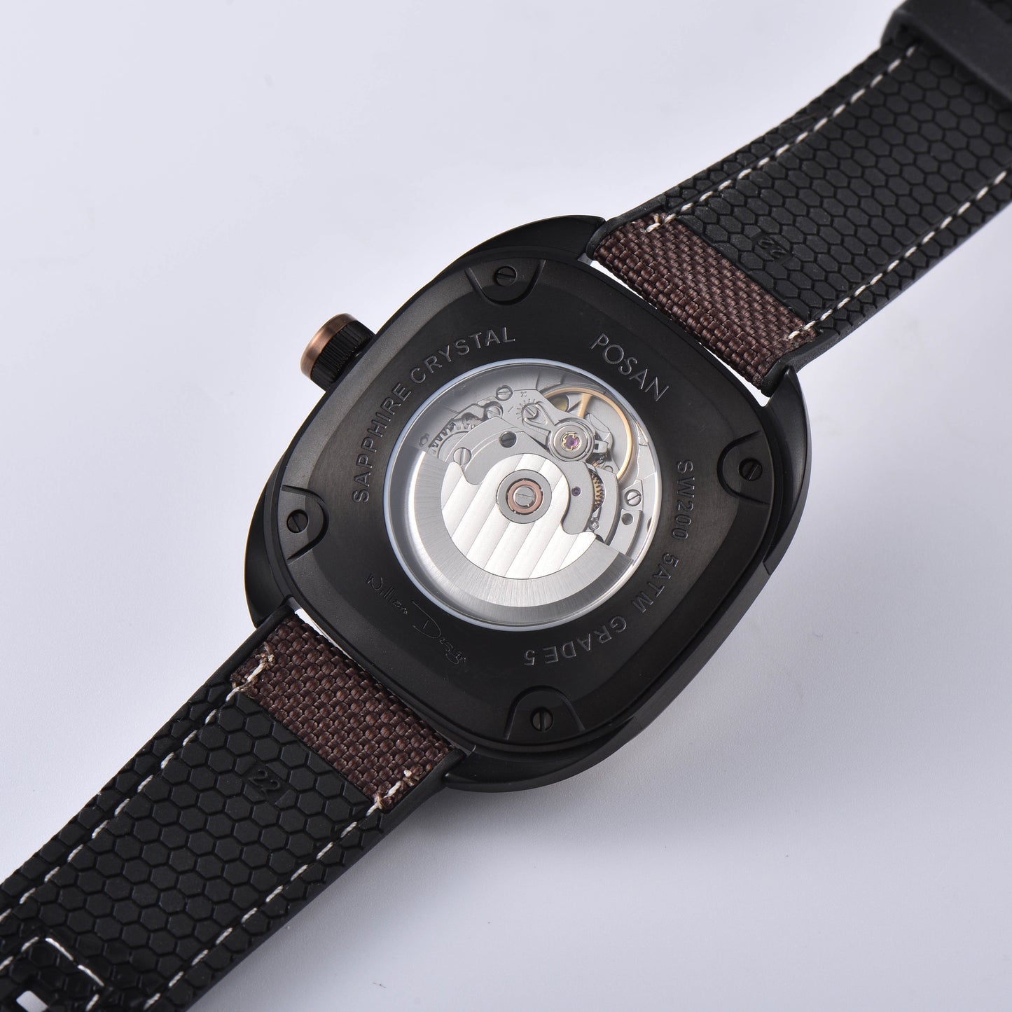POSAN Automatic Watch PSW-008G Brown Square-Shaped Titanium Watch with Spherical Sapphire Crystal & Open-Heart SW200 Movement