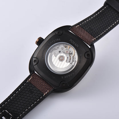 POSAN Automatic Watch PSW-008G Brown Square-Shaped Titanium Watch with Spherical Sapphire Crystal & Open-Heart SW200 Movement