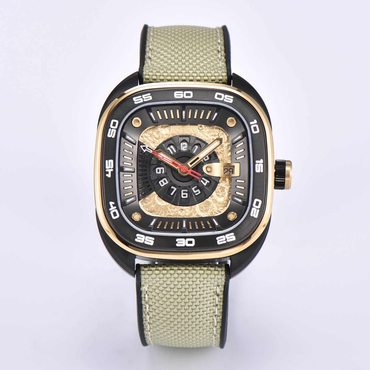 POSAN Automatic Watch PSW-008G Black Square-Shaped Titanium Watch with Spherical Sapphire Crystal & Open-Heart SW200 Movement