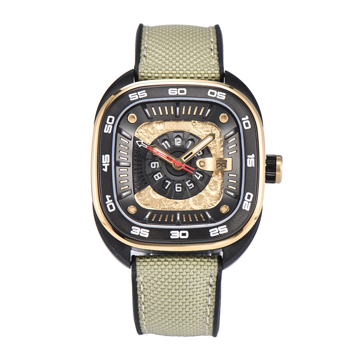 POSAN Automatic Watch PSW-008G Khaki Square-Shaped Titanium Watch with Spherical Sapphire Crystal & Open-Heart SW200 Movement