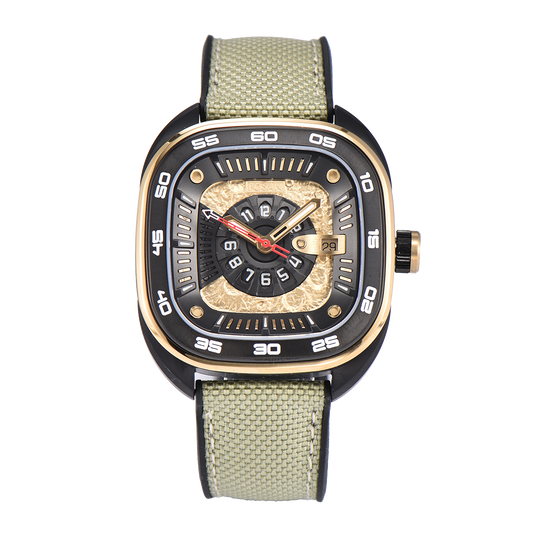 POSAN Automatic Watch PSW-008G Khaki Square-Shaped Titanium Watch with Spherical Sapphire Crystal & Open-Heart SW200 Movement