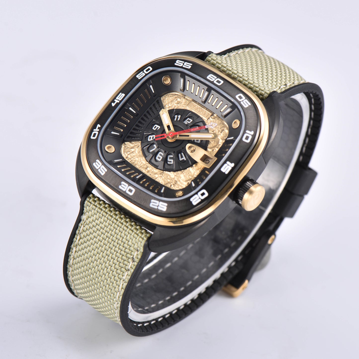 POSAN Automatic Watch PSW-008G Khaki Square-Shaped Titanium Watch with Spherical Sapphire Crystal & Open-Heart SW200 Movement