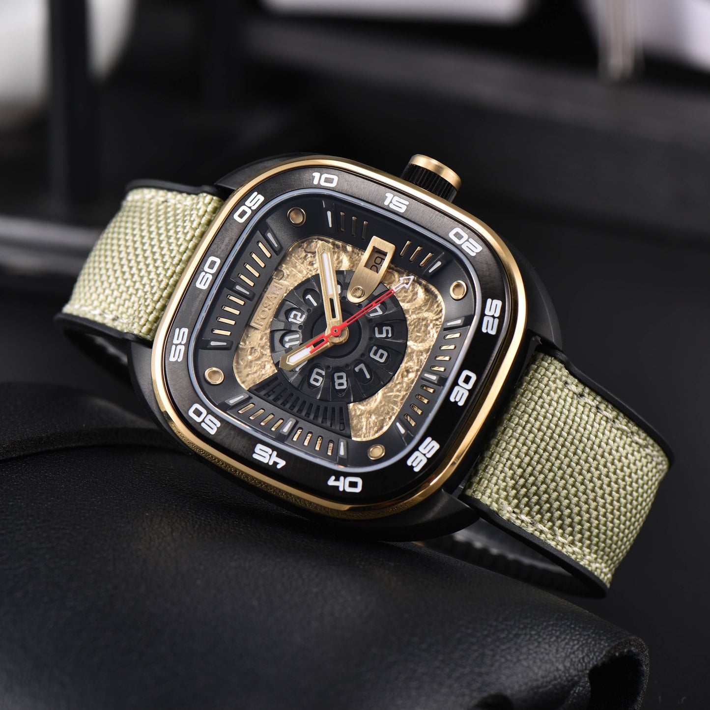 POSAN Automatic Watch PSW-008G Khaki Square-Shaped Titanium Watch with Spherical Sapphire Crystal & Open-Heart SW200 Movement