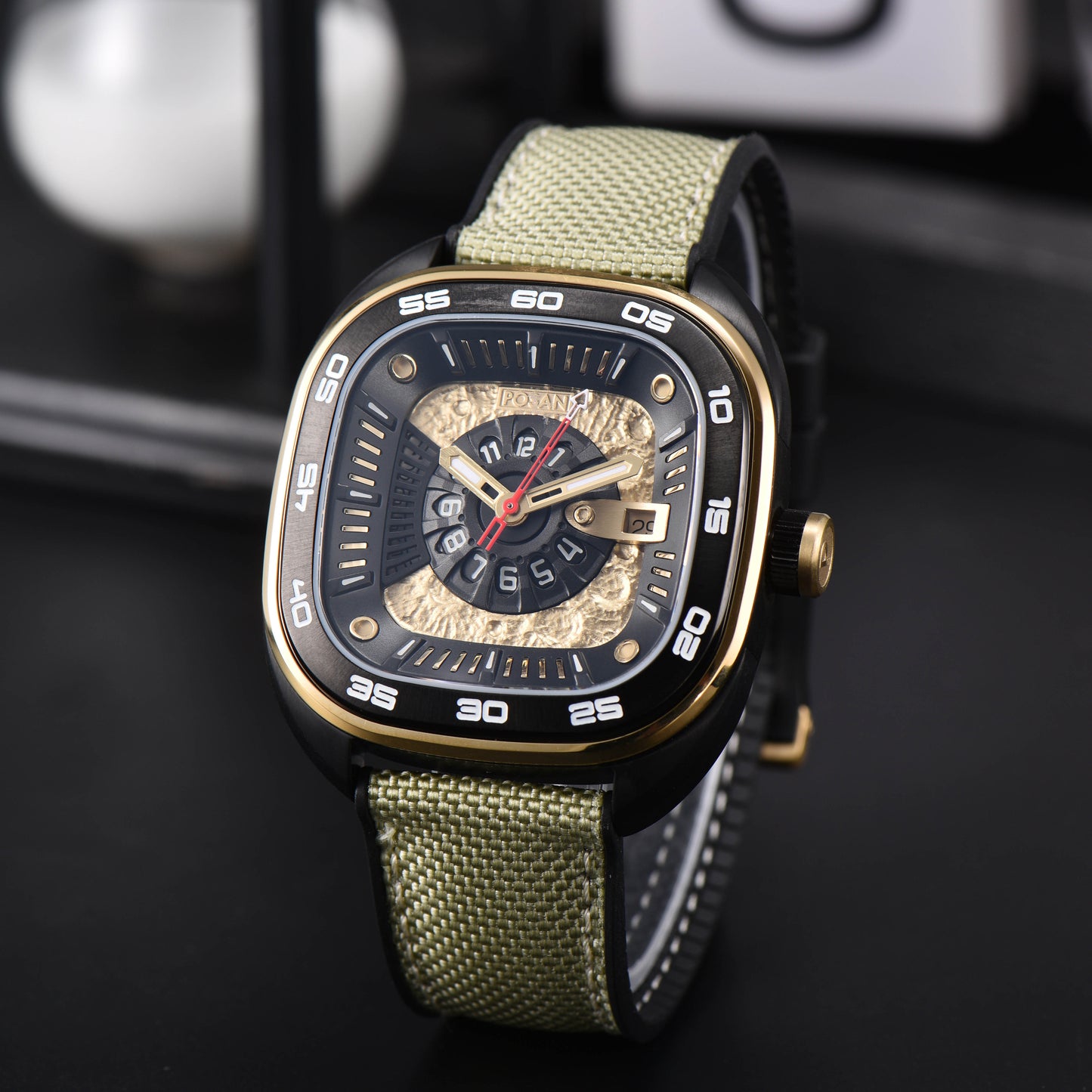 POSAN Automatic Watch PSW-008G Khaki Square-Shaped Titanium Watch with Spherical Sapphire Crystal & Open-Heart SW200 Movement