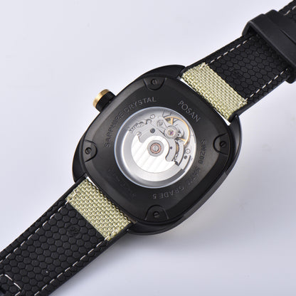 POSAN Automatic Watch PSW-008G Khaki Square-Shaped Titanium Watch with Spherical Sapphire Crystal & Open-Heart SW200 Movement