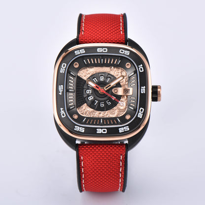 POSAN Automatic Watch PSW-008G Black Square-Shaped Titanium Watch with Spherical Sapphire Crystal & Open-Heart SW200 Movement