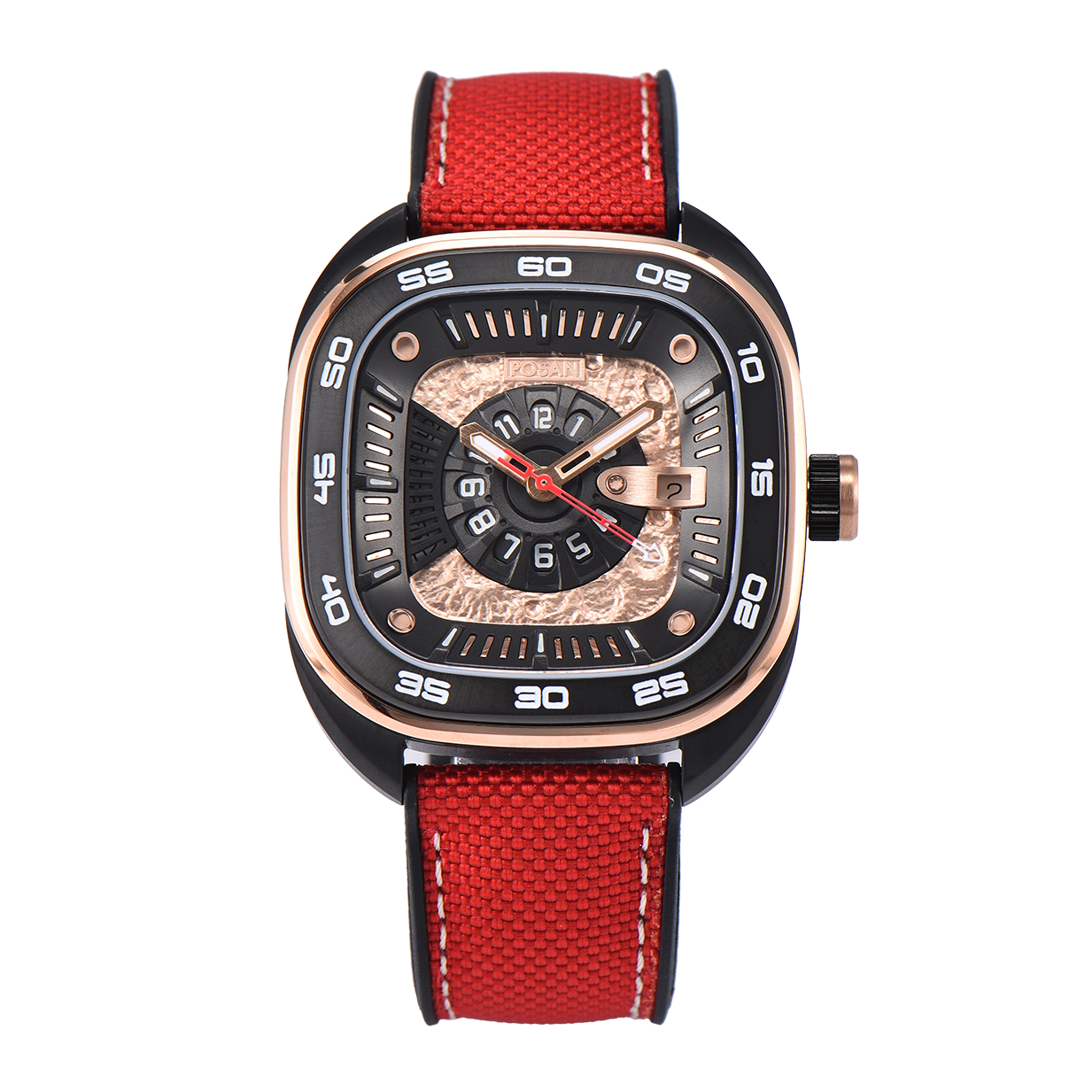 POSAN Automatic Watch PSW-008G Red Square-Shaped Titanium Watch with Spherical Sapphire Crystal & Open-Heart SW200 Movement