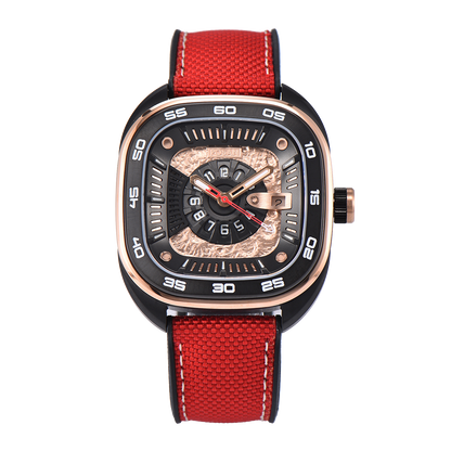 POSAN Automatic Watch PSW-008G Red Square-Shaped Titanium Watch with Spherical Sapphire Crystal & Open-Heart SW200 Movement