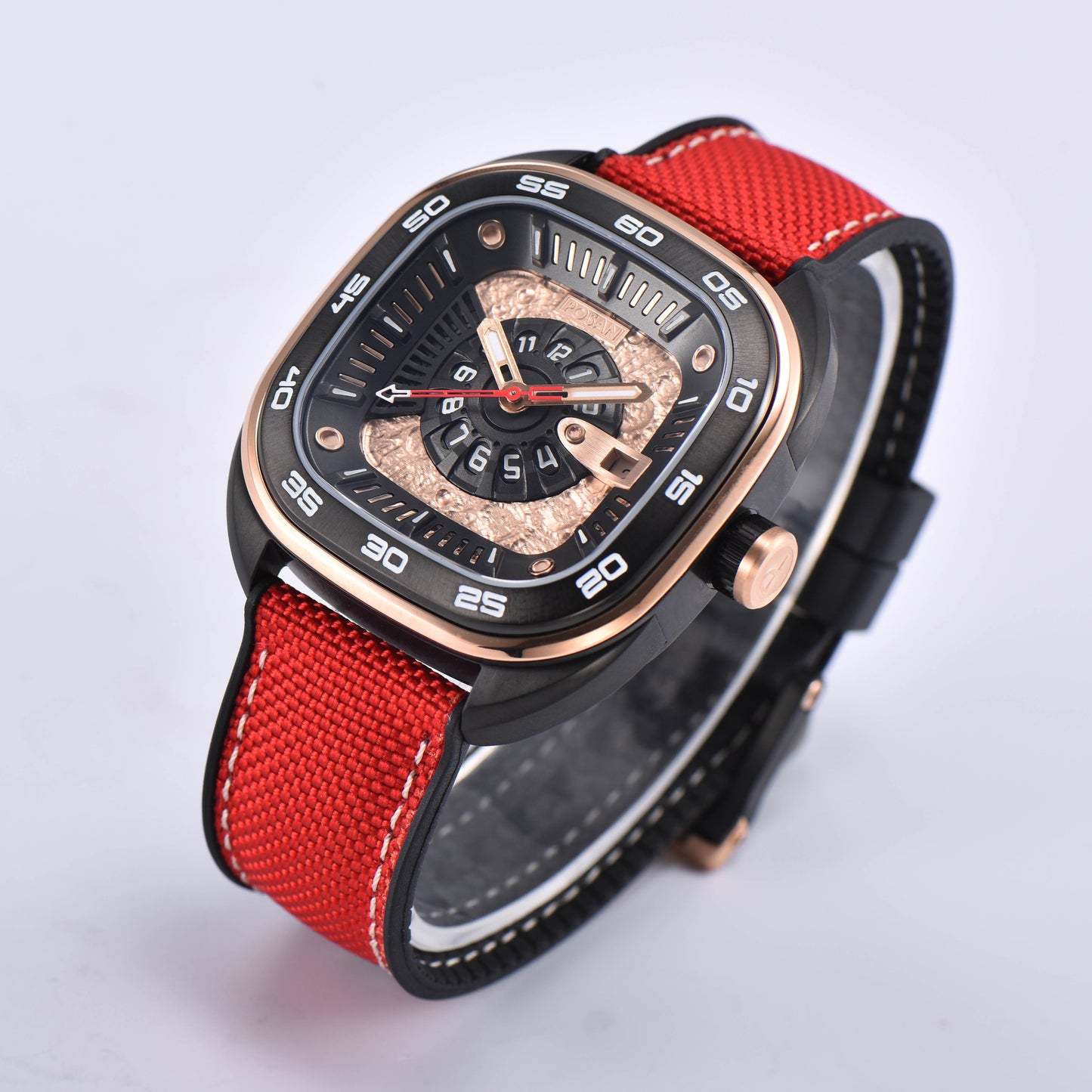 POSAN Automatic Watch PSW-008G Red Square-Shaped Titanium Watch with Spherical Sapphire Crystal & Open-Heart SW200 Movement