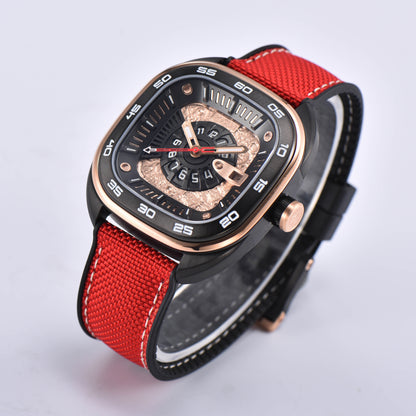 POSAN Automatic Watch PSW-008G Red Square-Shaped Titanium Watch with Spherical Sapphire Crystal & Open-Heart SW200 Movement