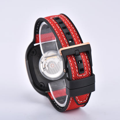 POSAN Automatic Watch PSW-008G Red Square-Shaped Titanium Watch with Spherical Sapphire Crystal & Open-Heart SW200 Movement