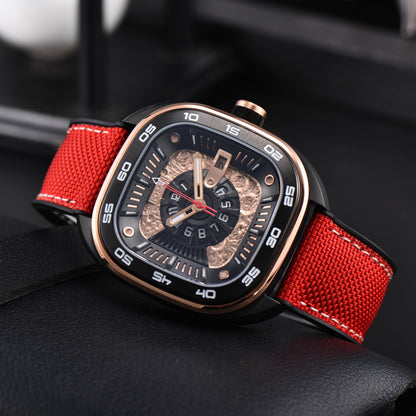 POSAN Automatic Watch PSW-008G Red Square-Shaped Titanium Watch with Spherical Sapphire Crystal & Open-Heart SW200 Movement