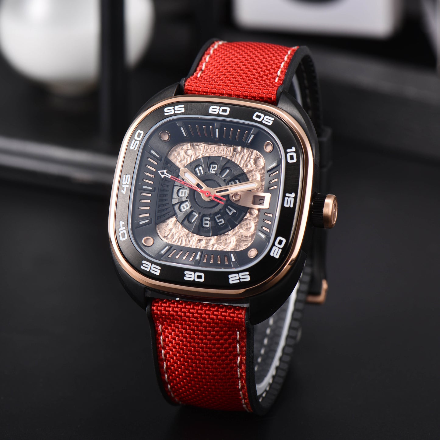 POSAN Automatic Watch PSW-008G Red Square-Shaped Titanium Watch with Spherical Sapphire Crystal & Open-Heart SW200 Movement